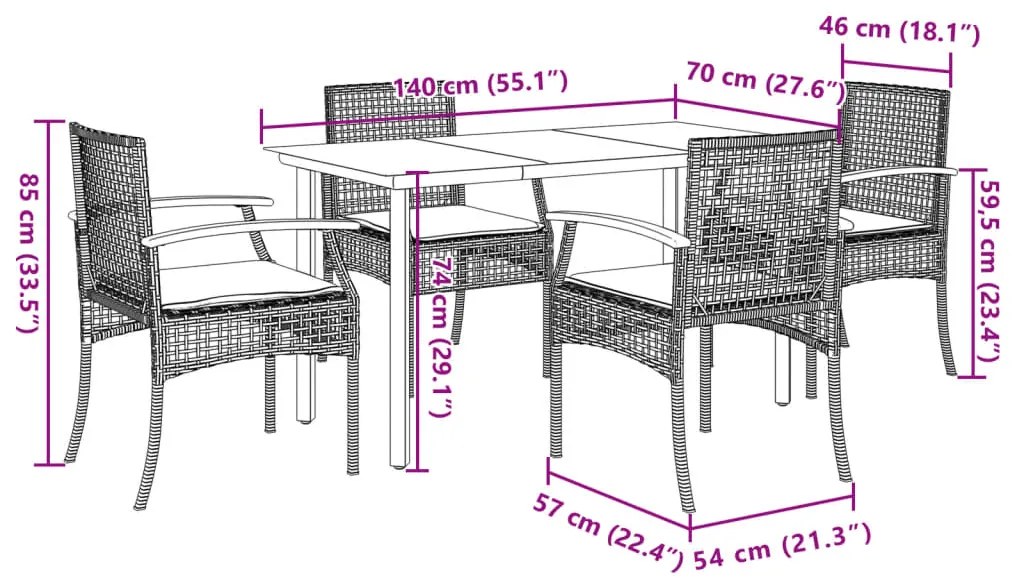 5 pcs conjunto de jantar p/ jardim c/ almofadões vime PE cinza