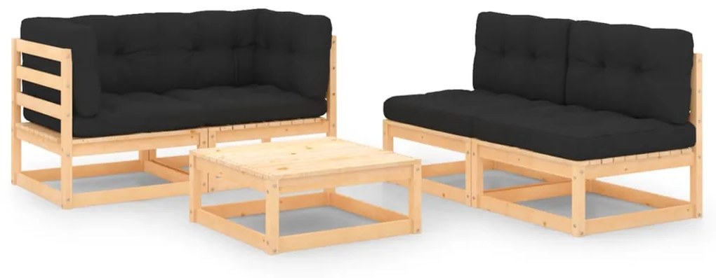vidaXL 5 pcs conjunto lounge de jardim c/ almofadões pinho maciço