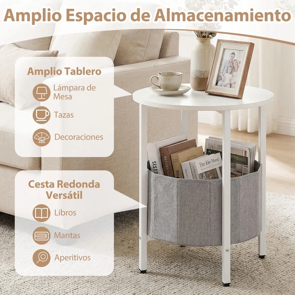 Mesa apoio redonda 44 x 60,5 cm para espaços pequenos de dois níveis com cesto de tecidoEstrutura metálica para sala de estar e quarto cinzenta