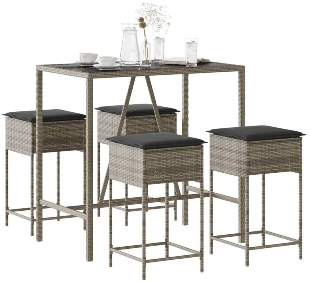 vidaXL 5 pcs conjunto de bar p/ jardim c/ almofadões vime PE cinzento