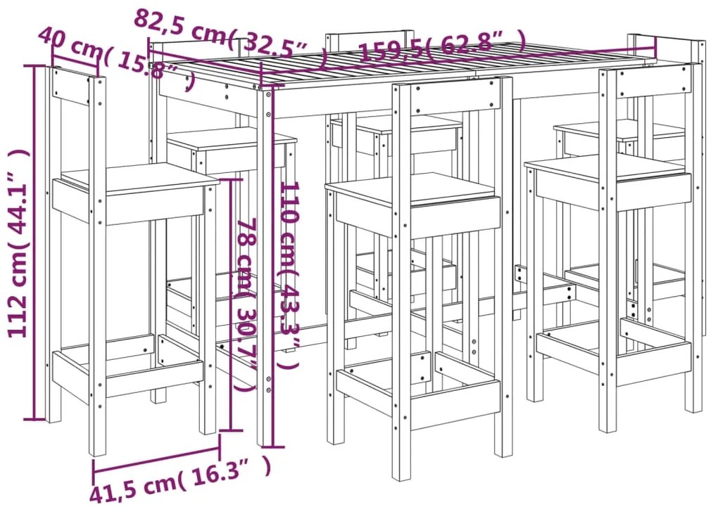 7 pcs conjunto de bar para jardim pinho maciço branco