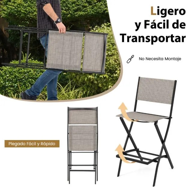 Conjunto de 2 cadeiras jardim altas dobráveis com estrutura metálica e apoio para os pés para varanda, jardim e piscina Capacidade de carga de 150 kg