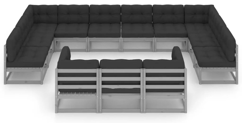 13 pcs conj. lounge jardim c/ almofadões pinho maciço cinzento
