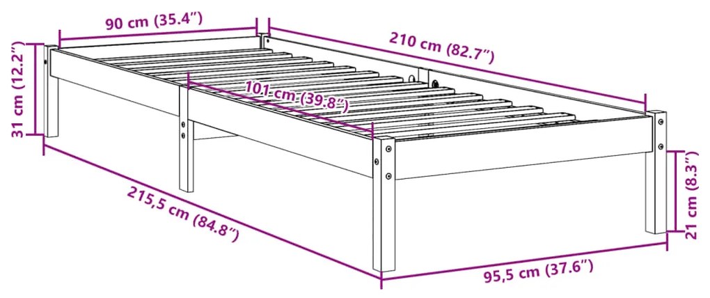 Cama extra longa sem colchão 90x210 cm pinho maciço branco