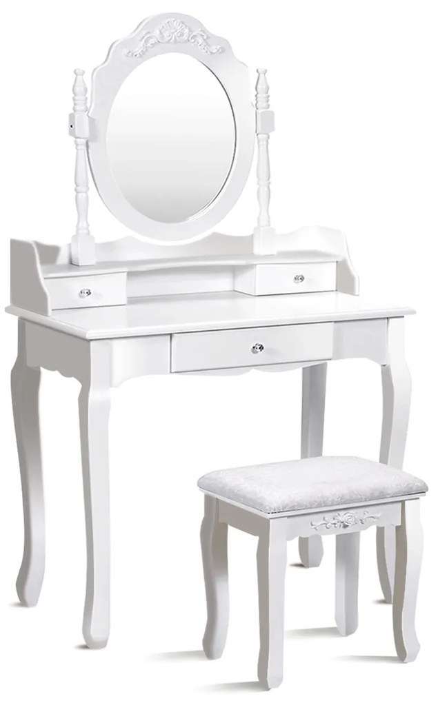Toucador de Conjunto Mesa de Maquilhagem Estilo Vintage com Espelho Oval Rotativo 360° e 3 Gavetas com Banquinho Almofadado Branco