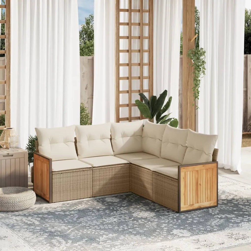 5 pcs conjunto de sofás p/ jardim com almofadões vime PE bege