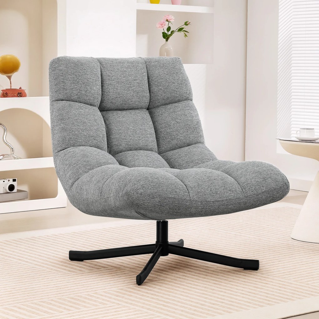 Poltrona de sala sem braços, cadeira giratória em tecido chenille impermeável, assento largo, 75 x 95 x 90 cm, cinzento