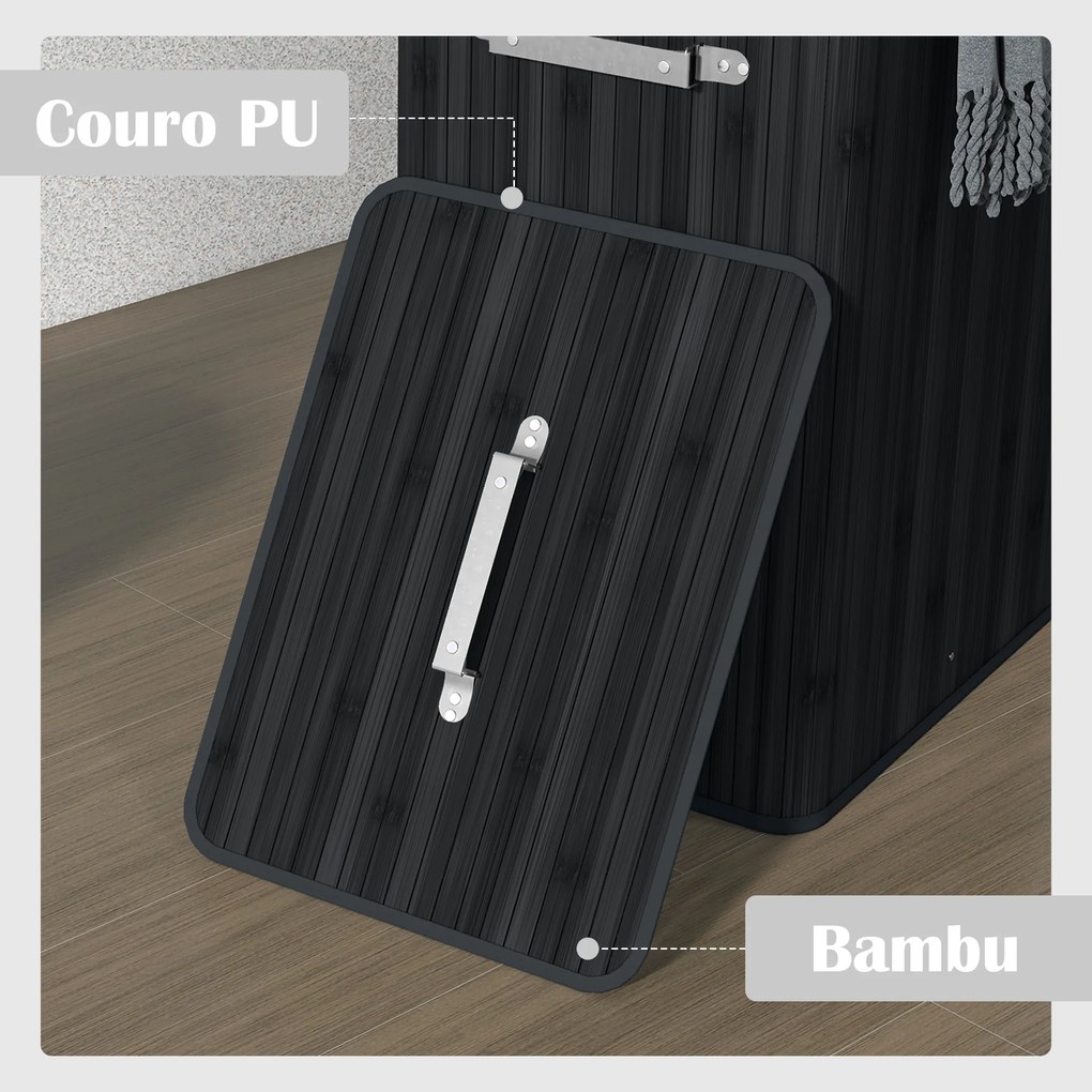 Cesto de Roupa de Bambu Dobrável Cesto para Roupa Suja com Tampa e Bolsa Amovível 40x30x60 cm Preto