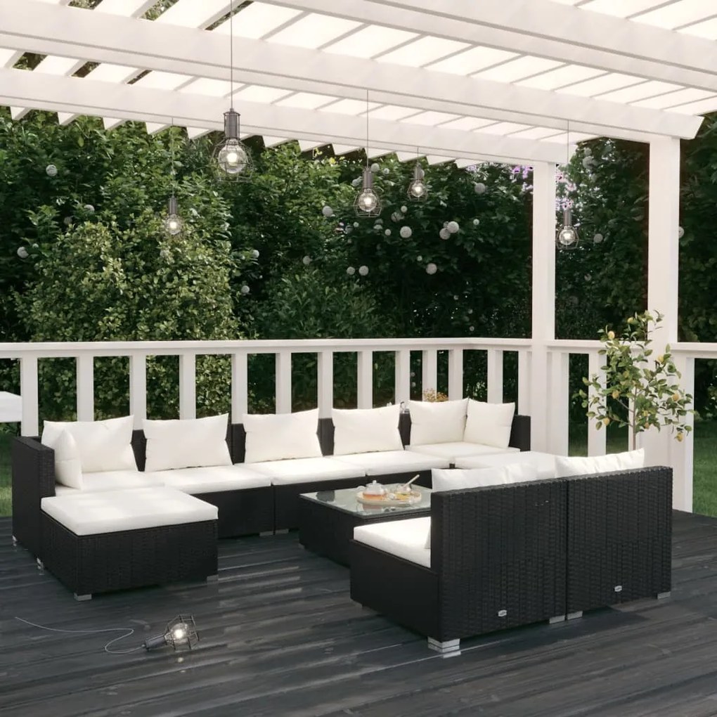 vidaXL 10 pcs conjunto lounge de jardim c/ almofadões vime PE preto