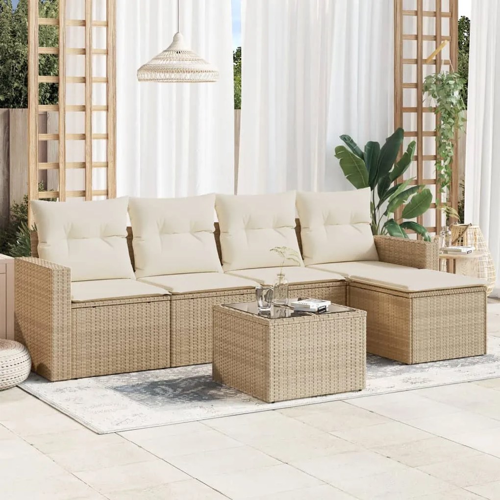 6 pcs conjunto de sofás p/ jardim com almofadões vime PE bege