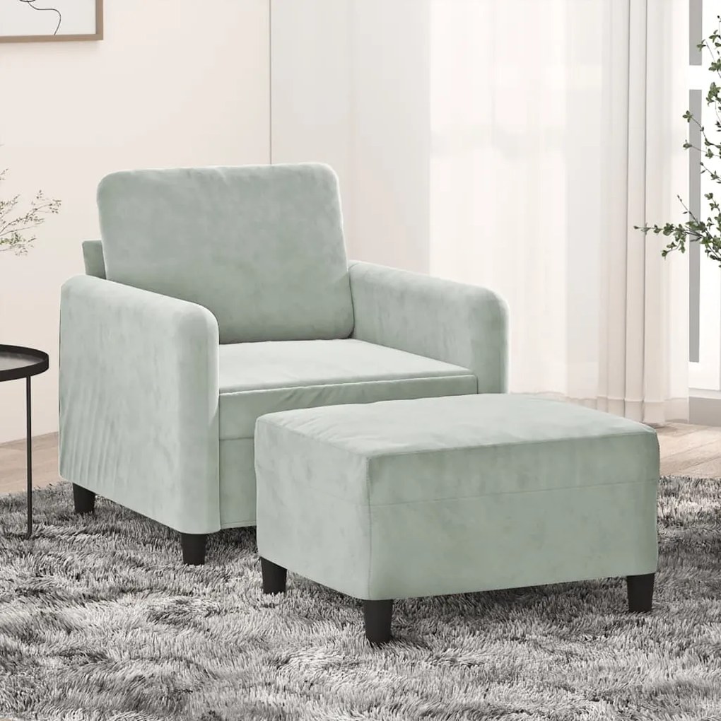 Poltrona com apoio de pés 60 cm veludo cinzento-claro