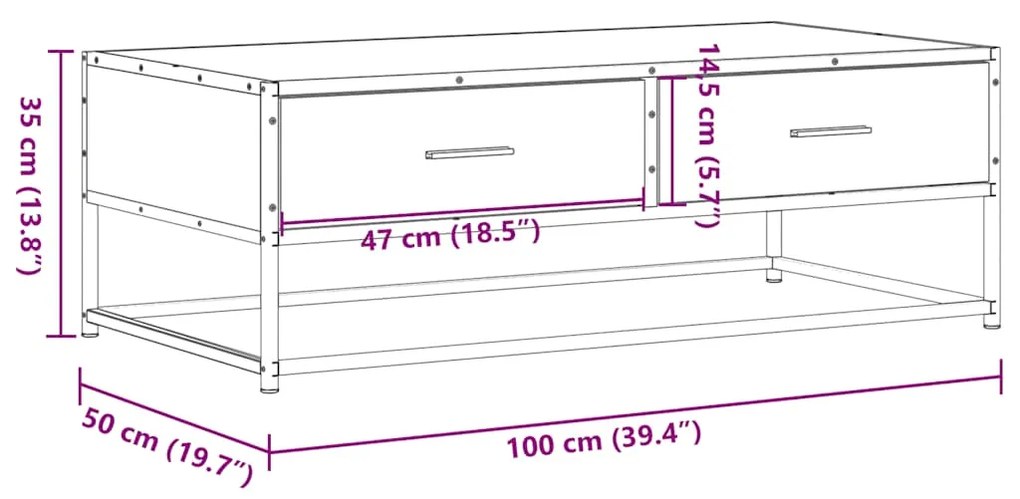 Mesa centro 100x50x35 cm deriv. madeira/metal carvalho castanho