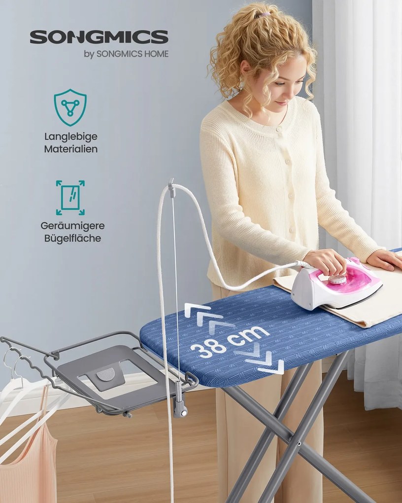 Tábua de engomar com suporte para cabos 146,8 x 42,3 x 66-90 cm azul-escuro e cinza-claro
