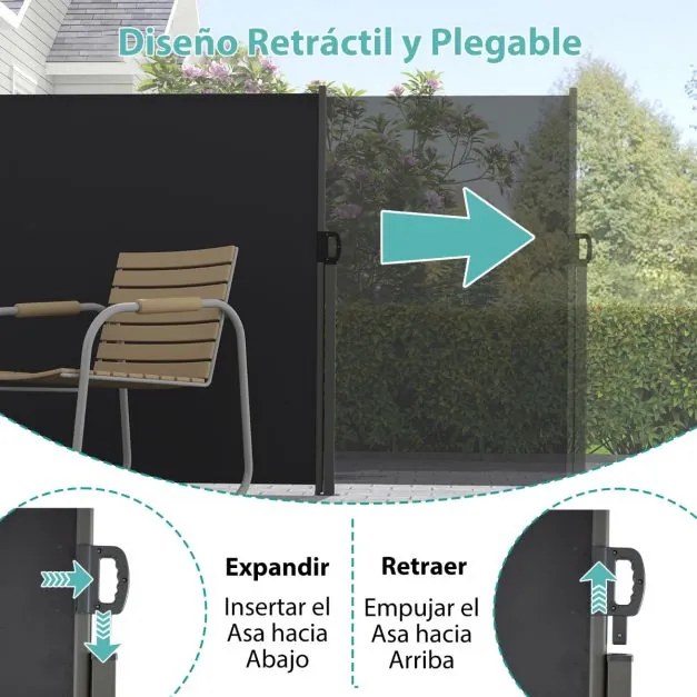 Toldo lateral retrátil para jardim 300 x 160 cm de privacidade para exterior enrolável e dobrável Preto