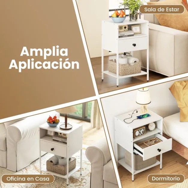 Mesa de cabeceira, mesa apoio 40 x 32 x 65 cm com estação de carregamento com Compartimento aberto Gaveta branca