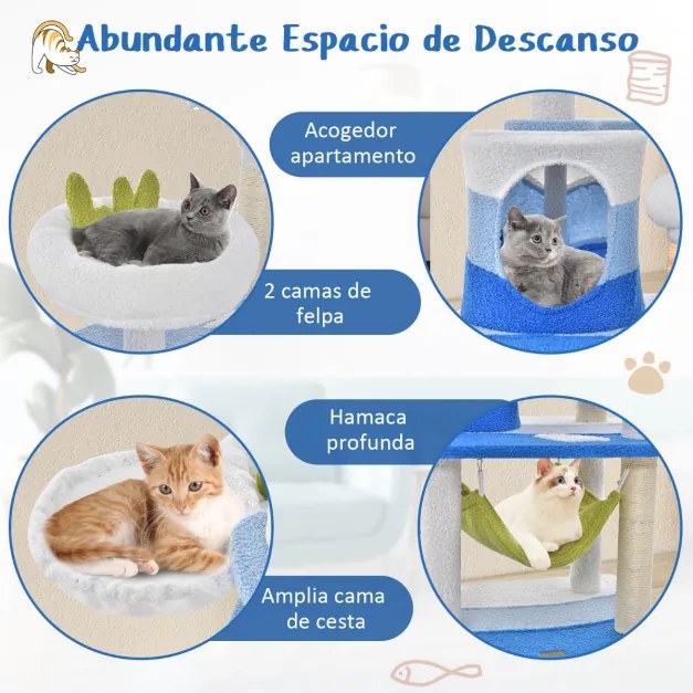 Arranhador para gatos com tema do oceano Torre para gatos de 165 cm com vários níveis e plataforma de arranhar para gatos em sisal Plataforma de arran