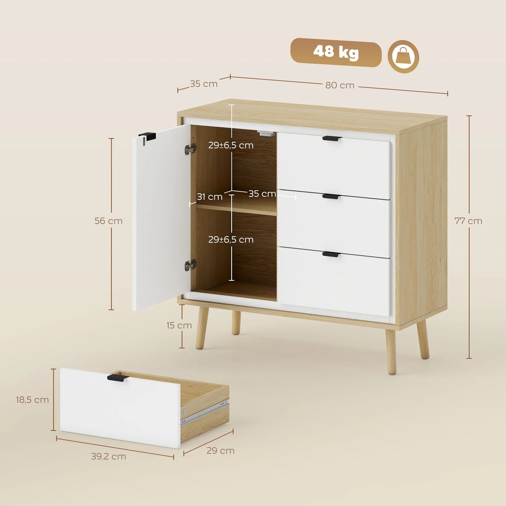 Aparador de Sala Moderno com 3 Gavetas Prateleira Ajustável e Pés em Madeira 80x35x77 cm Branco Brilhante e Carvalho