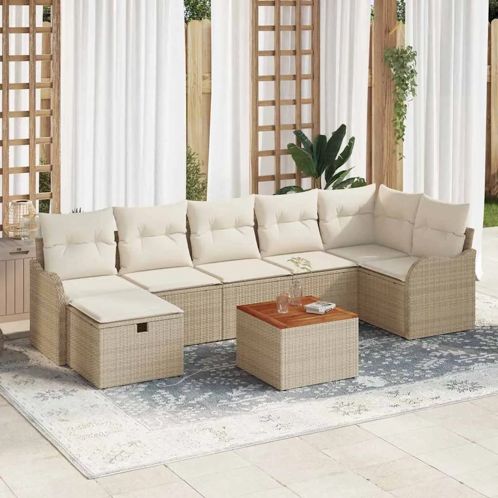Conjunto de Sofá de Jardim vidaXL 8 Peças com Almofadas Bege Vime Poliéster