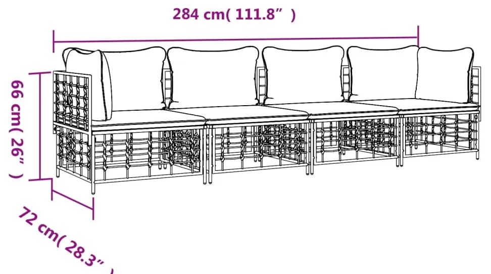 4 pcs conjunto lounge de jardim c/ almofadões vime PE antracite