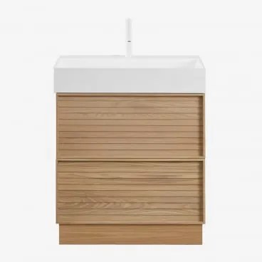 Conjunto De Móvel De Casa De Banho 70x50 Cm Em Madeira Com Lavatório Integrado Jolene Madeira Natural & Sem Espelho & Branco - Sklum