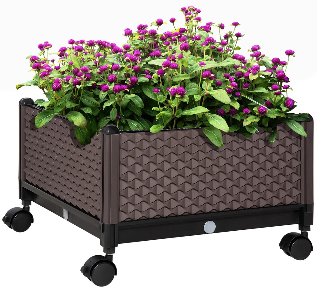 Floreira de Plástico com Rodas Floreira de Jardim com Orifícios de Drenagem para Cultivo de Plantas em Exterior Pátio 50x50x33cm Marrom