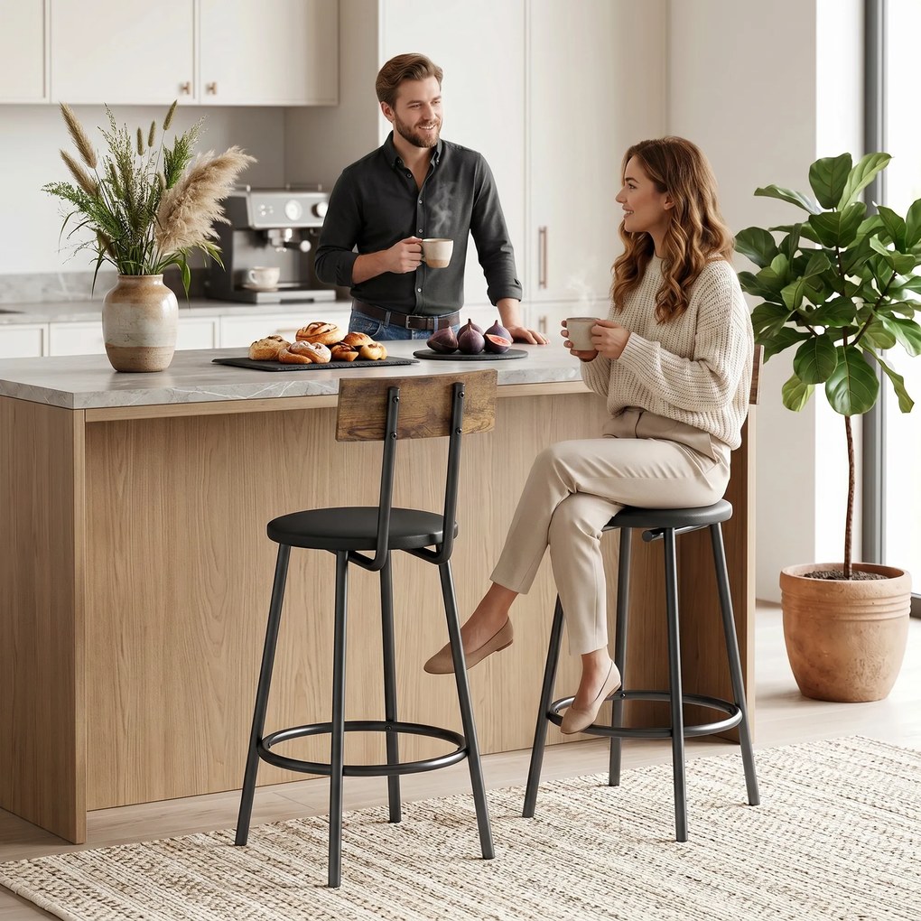 Conjunto 2 Bancos de Bar com Encosto e Apoio de Pés Estofados em PU 41x47x92 cm Preto