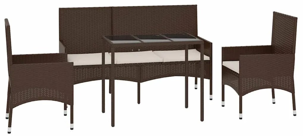 4 pcs conjunto lounge jardim c/ almofadões vime PE castanho