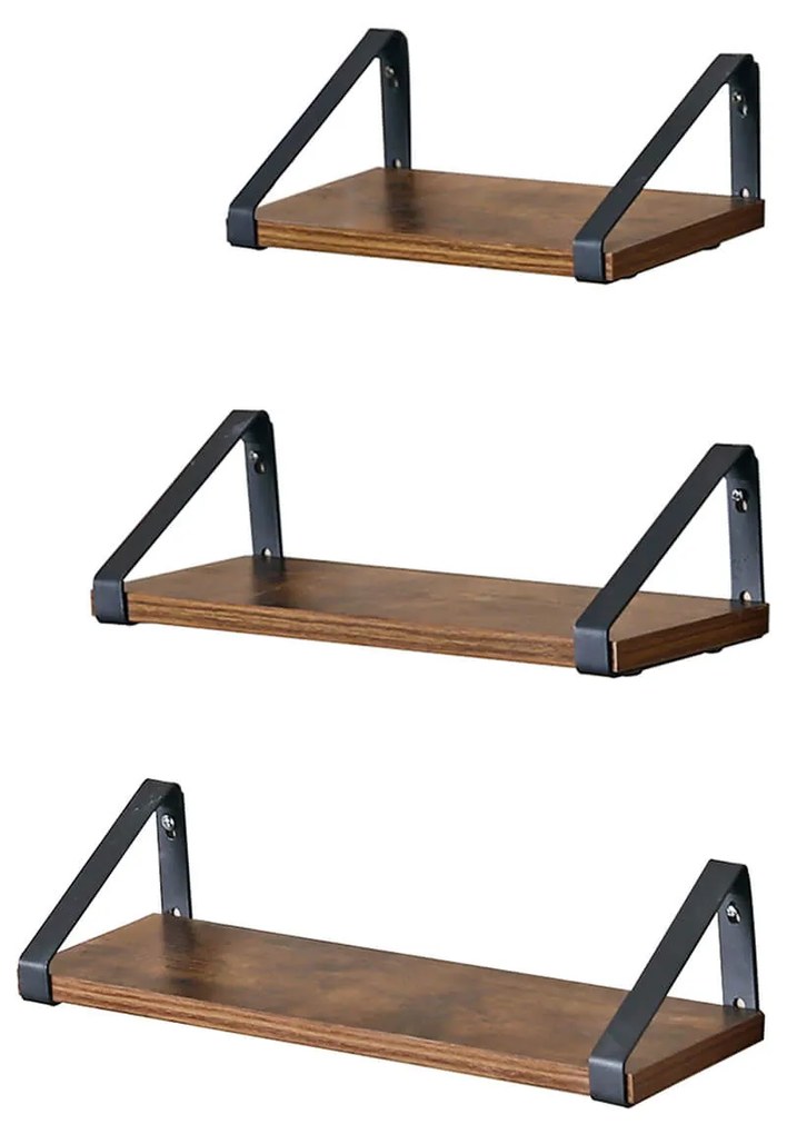 Conjunto de 3 prateleiras de parede de aspeto industrial Castanho Vintage-preto
