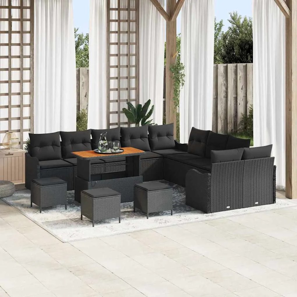 vidaXL Conjunto de Sofá de Jardim com 14 Peças e Almofadas Pretas em Rattan Sintético e Acácia.
