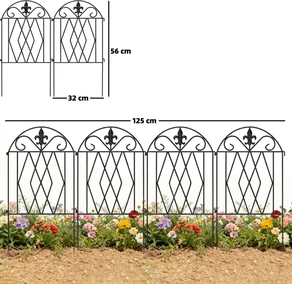 Conjunto de 4 Cercas de Jardim Metálicas 125x56 cm com Design Arqueado Resistentes e Fáceis de Instalar para Pátio Relvado Preto