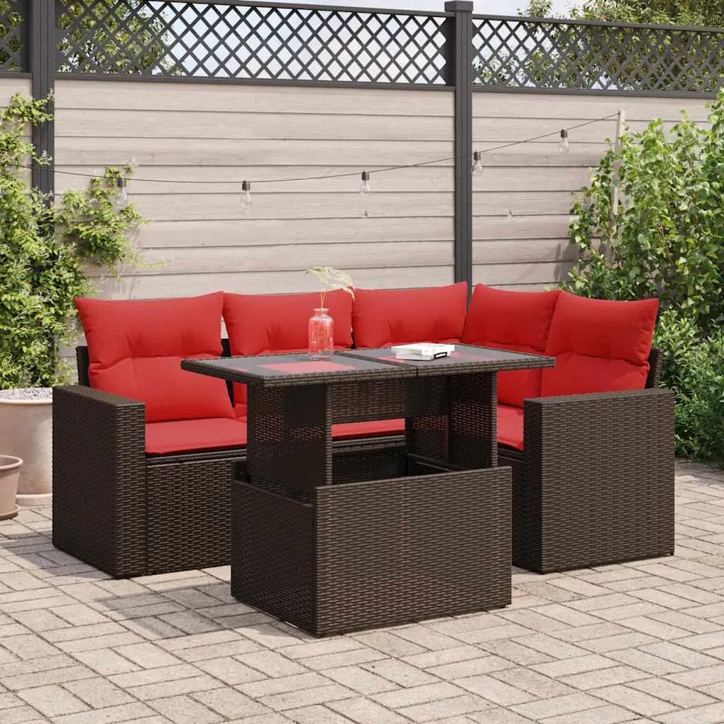 5 pcs conj. sofás jardim c/ almofadões vime PE/acácia castanho