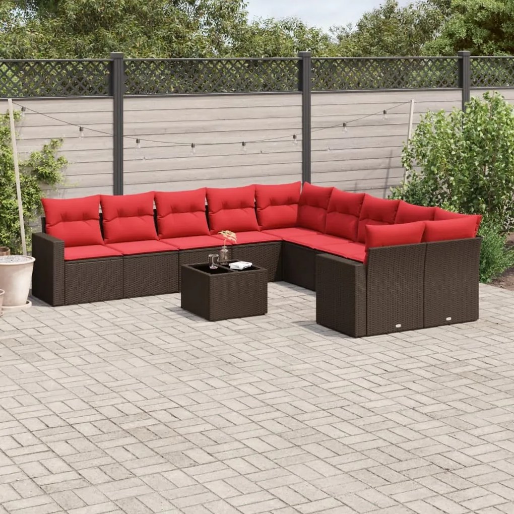 11 pcs conjunto sofás de jardim c/ almofadões vime PE castanho