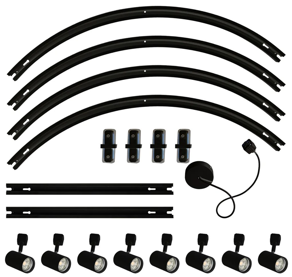 Sistema de iluminação de trilho moderno com 8 focos pretos, monofásico, oval, 200cm - Iconic Jeana