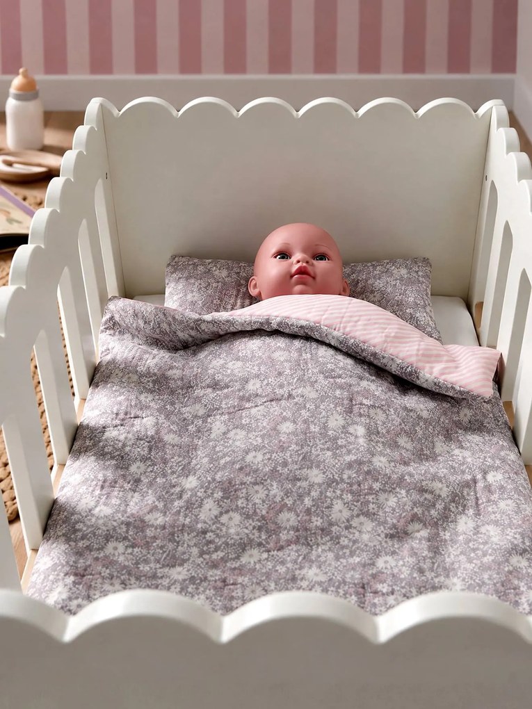 Manta + almofada para boneco, em gaze de algodão estampado rosa