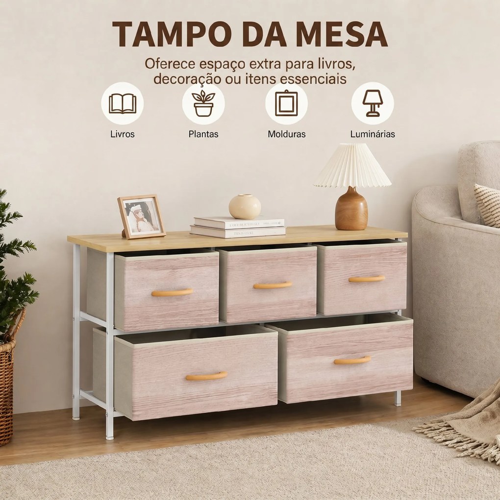 Cómoda com 5 Gavetas de Tecido Cómoda para Quarto Estrutura Metálica 100x30x51.5 cm Madeira e Branco
