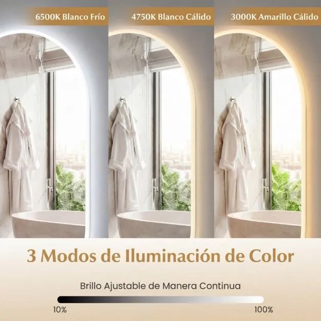 Espelho 90x55 cm ovalado iluminado de parede para casa de banho sem moldura LED vidro temperado HD antiembaciamento 3 modos cor ajustável Prata