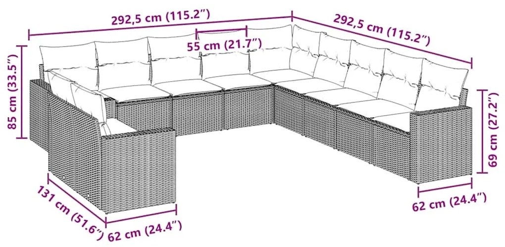 11 pcs conjunto sofás de jardim c/ almofadões vime PE preto