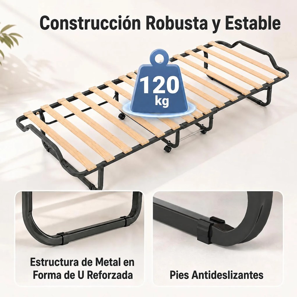 Cama Auxiliar Dobrável, 200 x 80 x 42 cm, Colchão Viscoelástico e Rodas, Preto