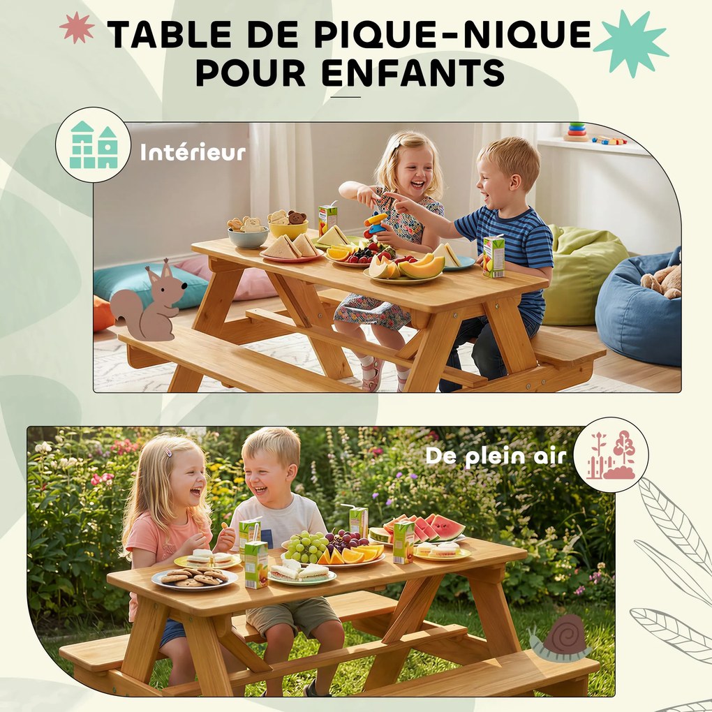 Conjunto de mobiliário de jardim infantil para exterior, mesa de piquenique infantil com bancos, estrutura em madeira maciça, madeira natural