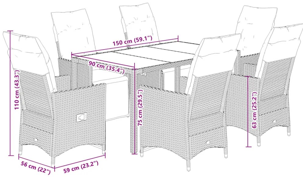 7 pcs conjunto de bistrô para jardim c/ almofadões vime PE bege