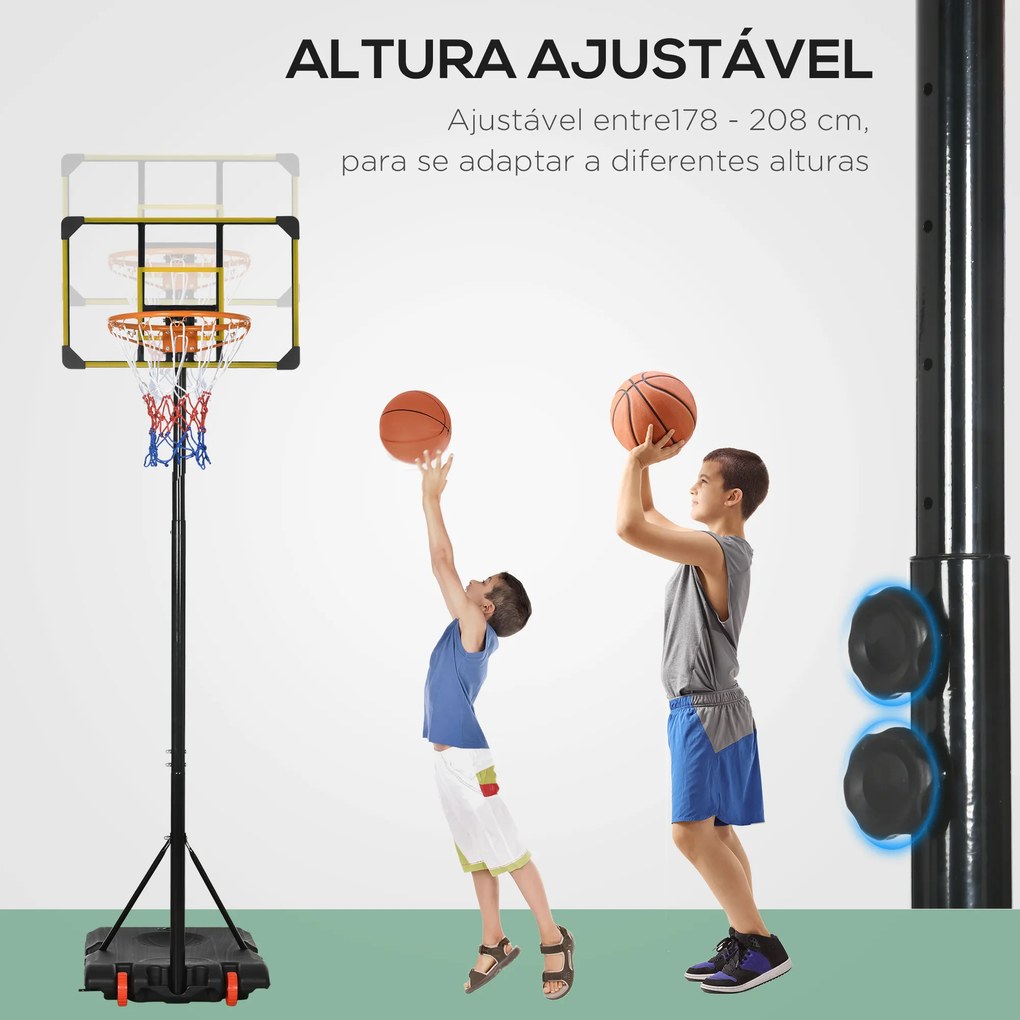 Cesta de Basquetebol com Altura Ajustável 178-208 cm Rodas Base Recarregável para Exterior 75x56x210-240 cm Amarelo e Preto