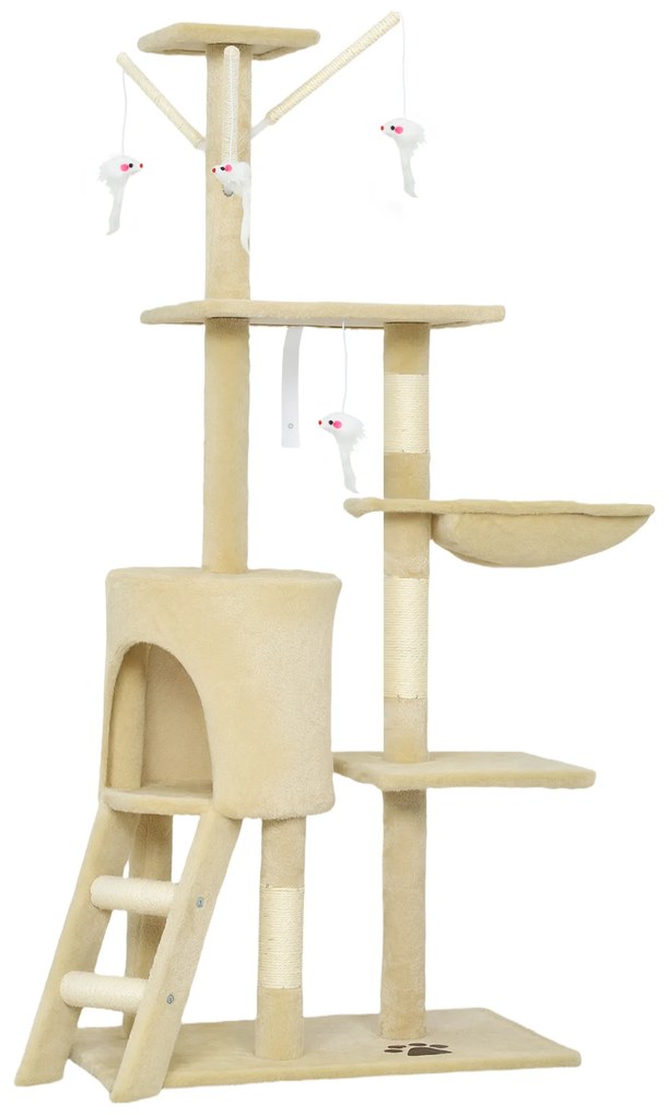 Arranhador para Gatos com Caverna Plataformas Rato de Brinquedo Rede e Postes de Sisal 60x35x134 cm Bege