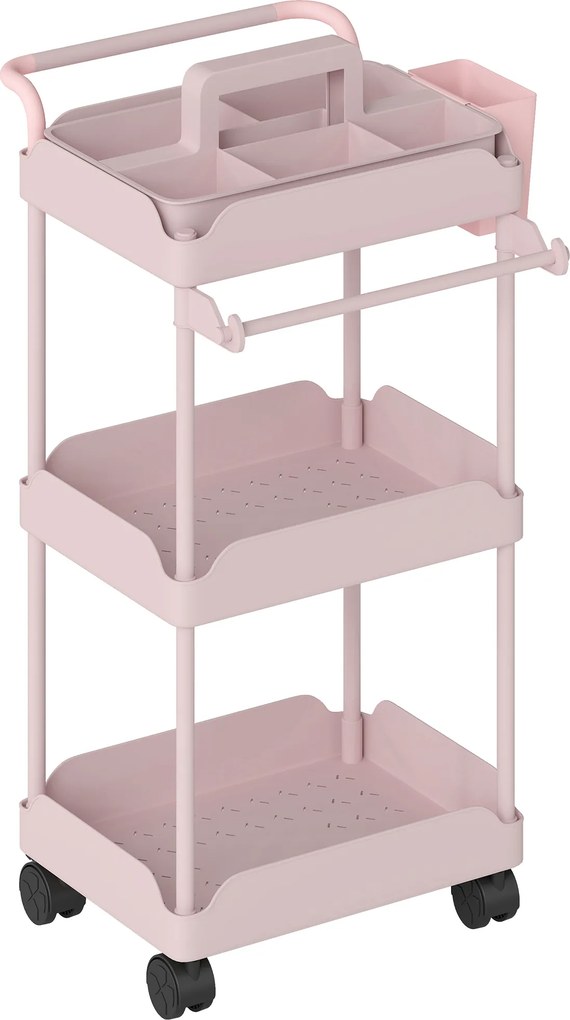 Carrinho Auxiliar com Rodas de 3 Níveis com Cestos Extraíveis Suporte para Toalhas e Estrutura de Metal 42x42,5x76 cm Rosa
