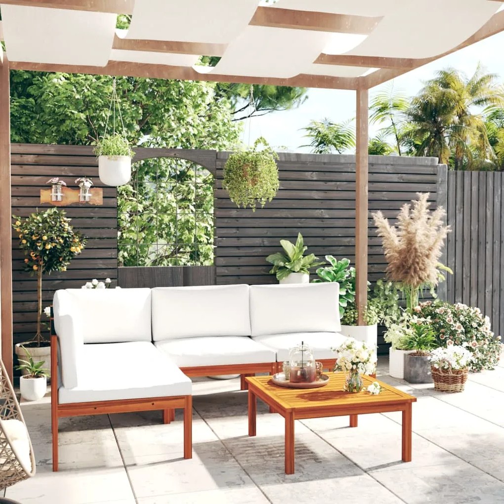 vidaXL 5 pcs conjunto lounge jardim c/ almofadões acácia maciça creme
