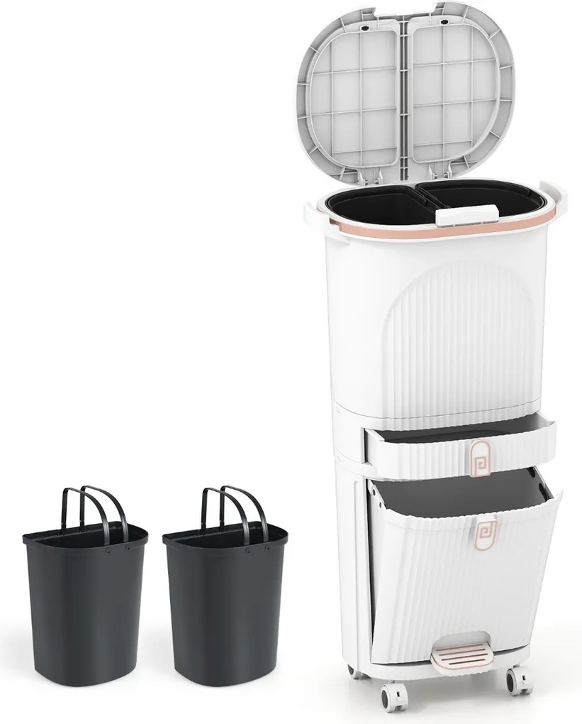 Caixote do lixo de 42 L com 2 caixotes removíveis, gaveta com pedal e rodas para sala, cozinha e casa de banho, branco