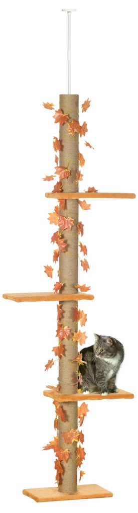 PawHut Árvore para Gatos do Chão ao Teto 37x21x202-242 cm Torre Arranhador para Gatos com Altura Ajustável 3 Plataformas Laranja