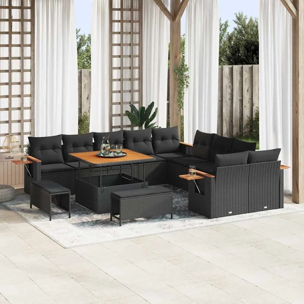 Conjunto de Sofás de Jardim vidaXL de 13 Peças com Almofadas Preto Pol