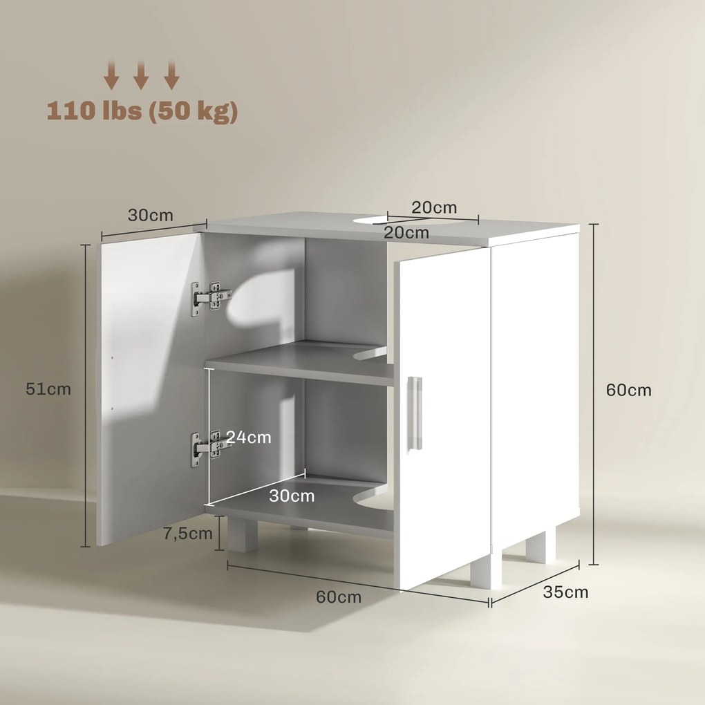 Móvel para Lavatório (não incluido) Pousar com 2 Portas de MDF 2 Prateleiras e Sistema Anti-Tombo para Casa de Banho 60x35x60 cm Branco