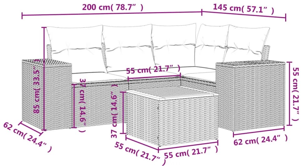 5 pcs conjunto sofás de jardim c/ almofadões vime PE cinzento