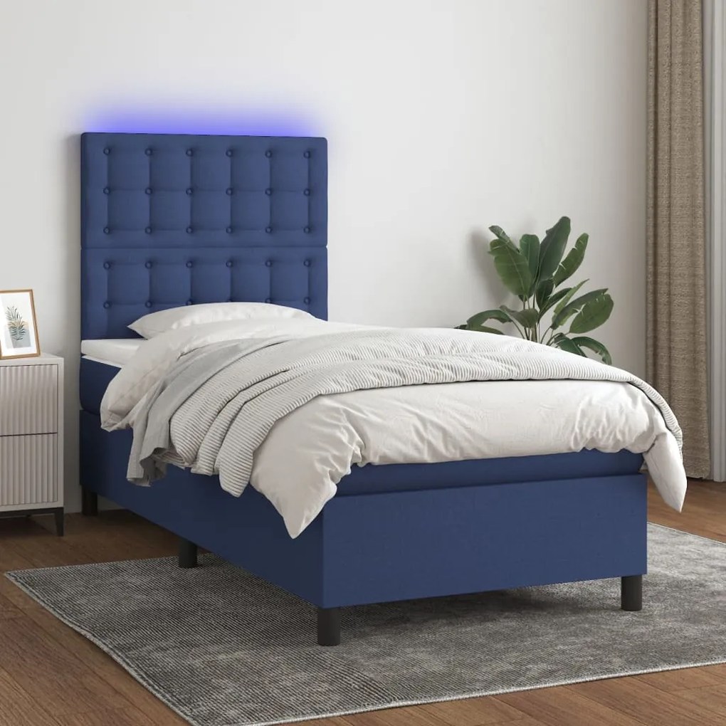 Cama box spring c/ colchão e LED 90x190 cm tecido azul